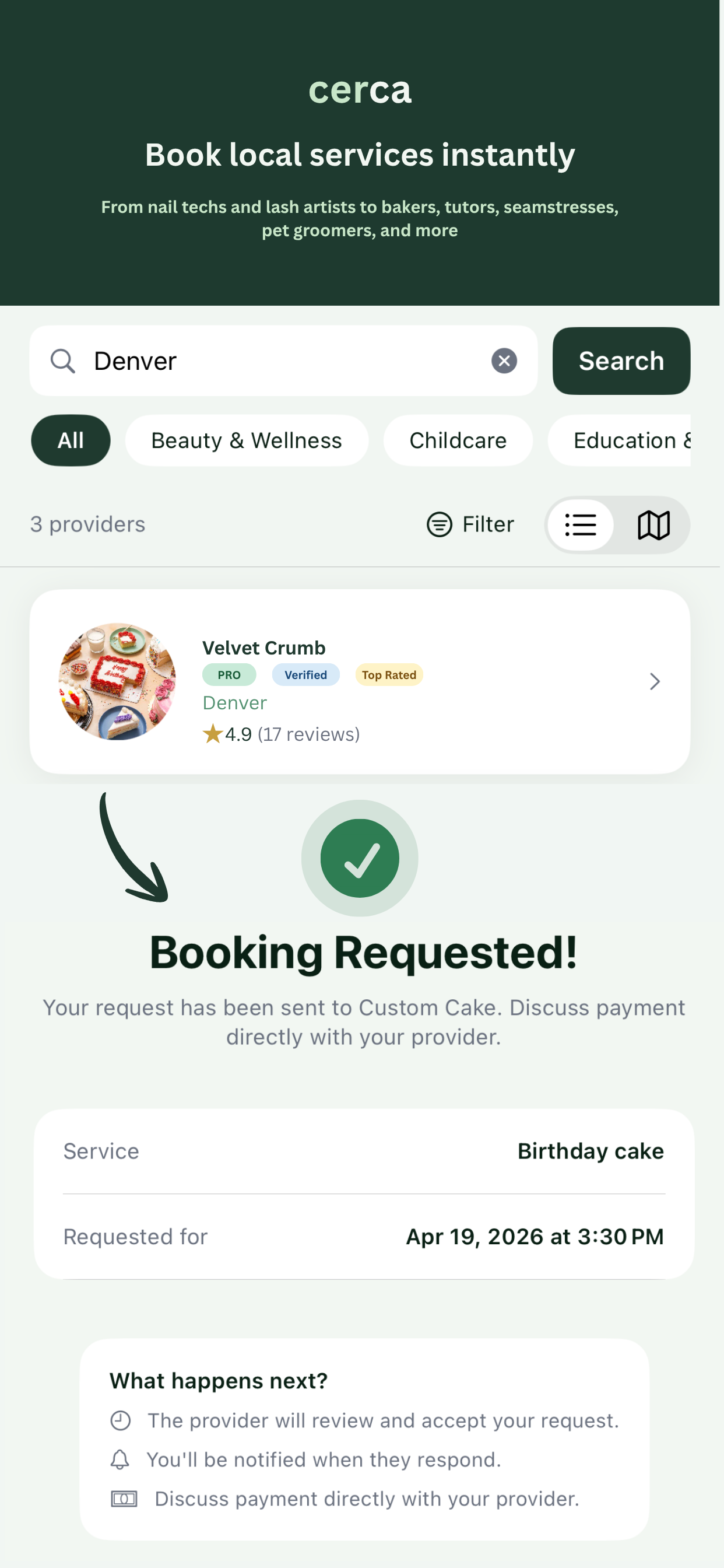 Cerca booking screen