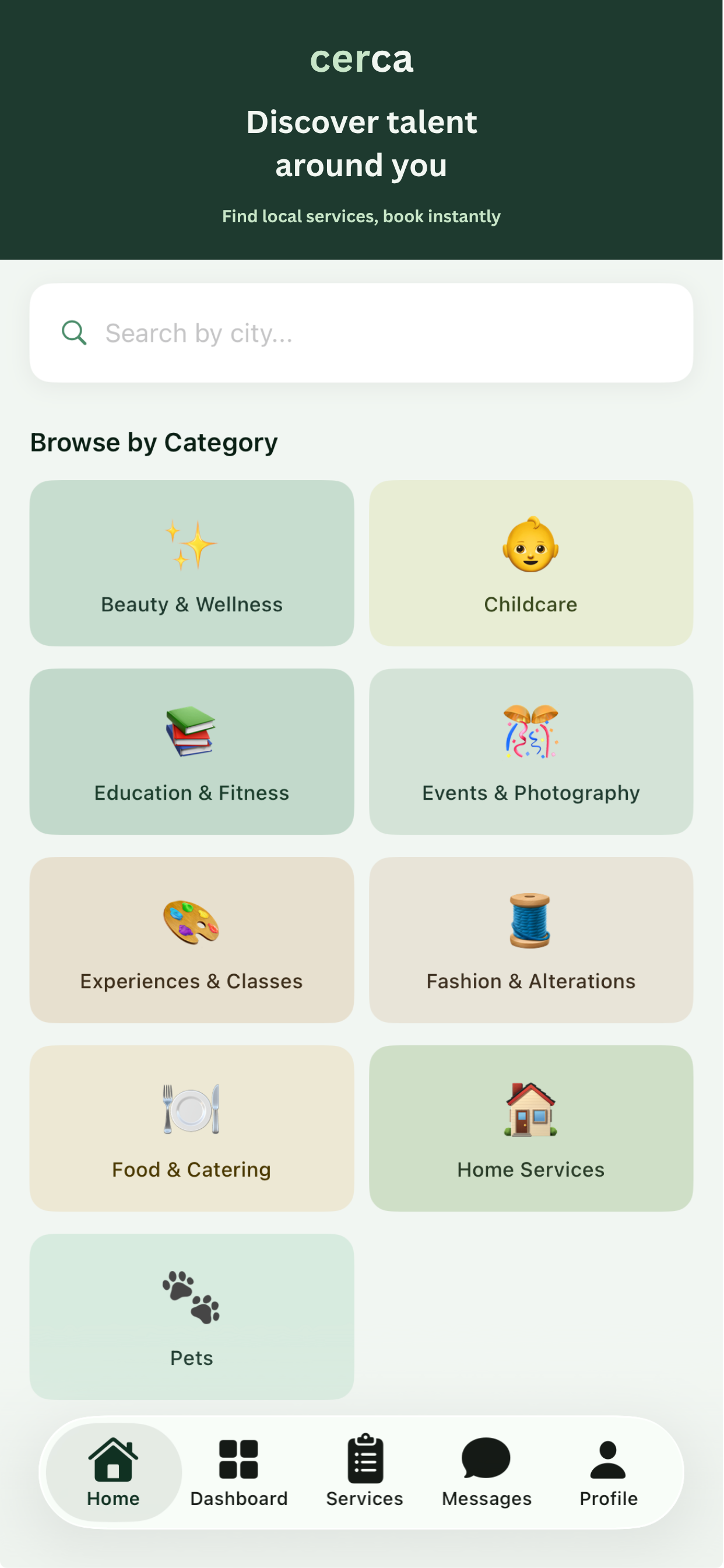 Cerca home screen. Browse by category
